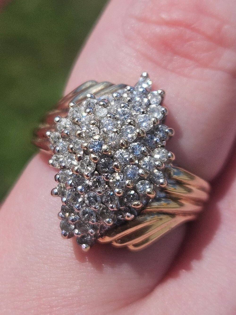 10K Yellow Gold Diamond Large Marquise Shaped Cocktail Cluster Ring Size 7.25